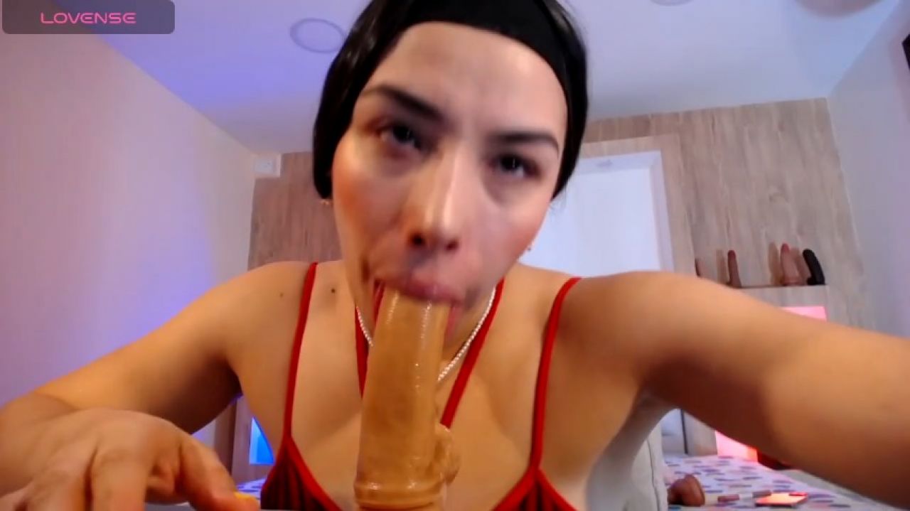 Enthralling vixen swallows colossal dildos, drool soaking