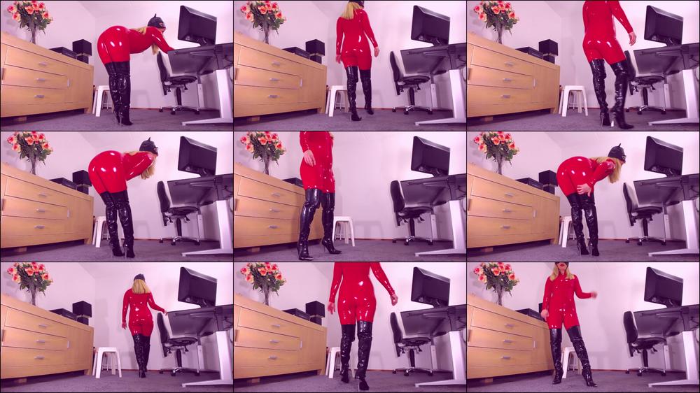 Red Latex Catsuit, black thigh high boot