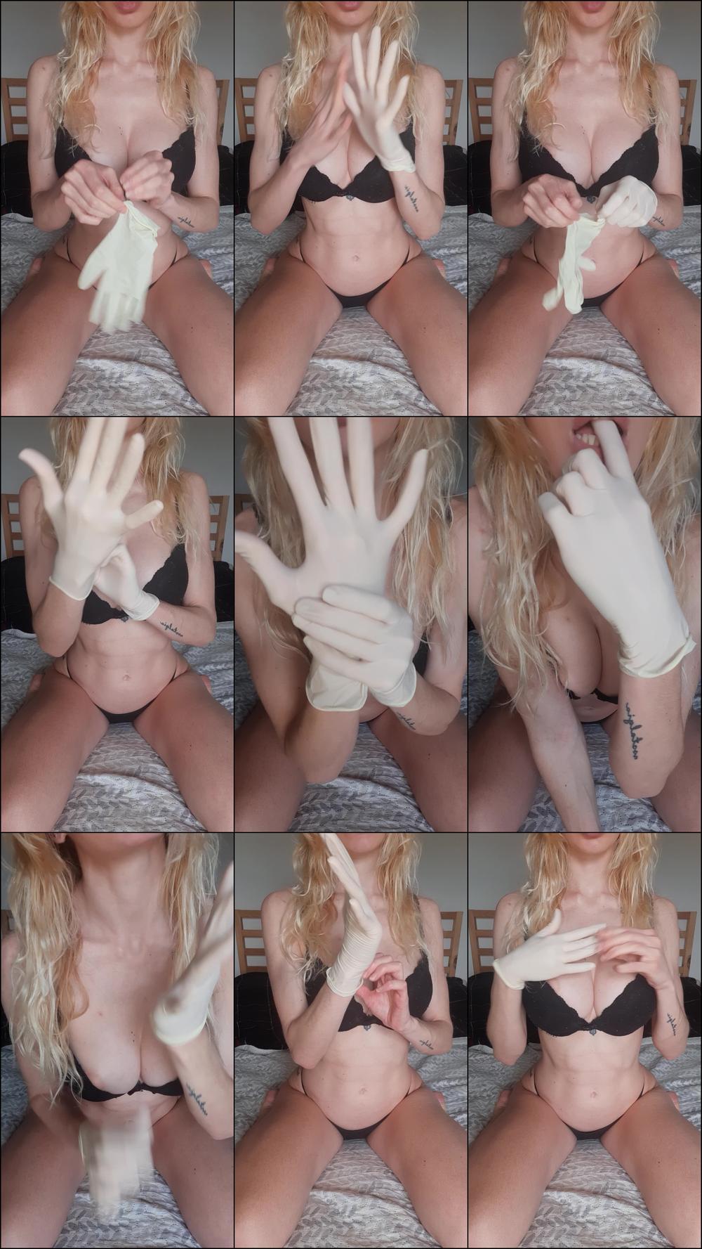 Hot blonde wears latex gloves