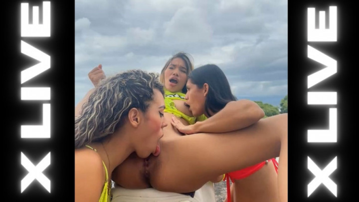 Lesbian lick each other's pussy on the couch - outdoors