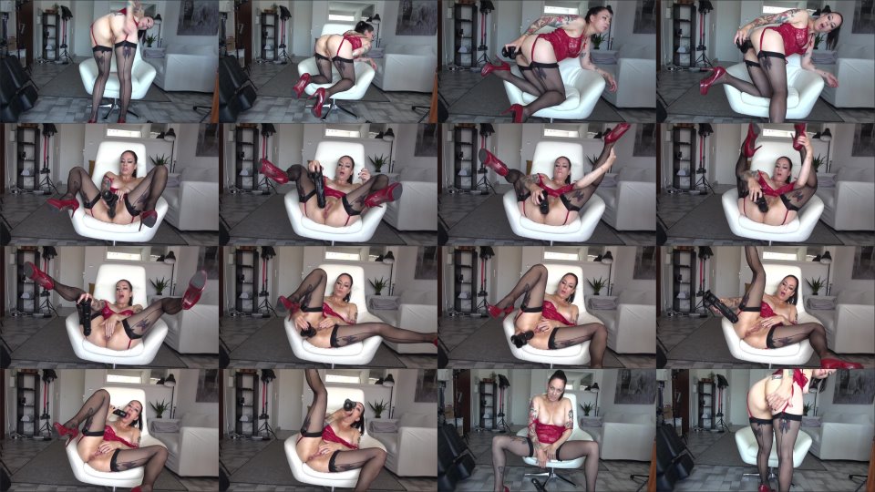 Adeline Lafouine Red Lingerie And Black Dildo