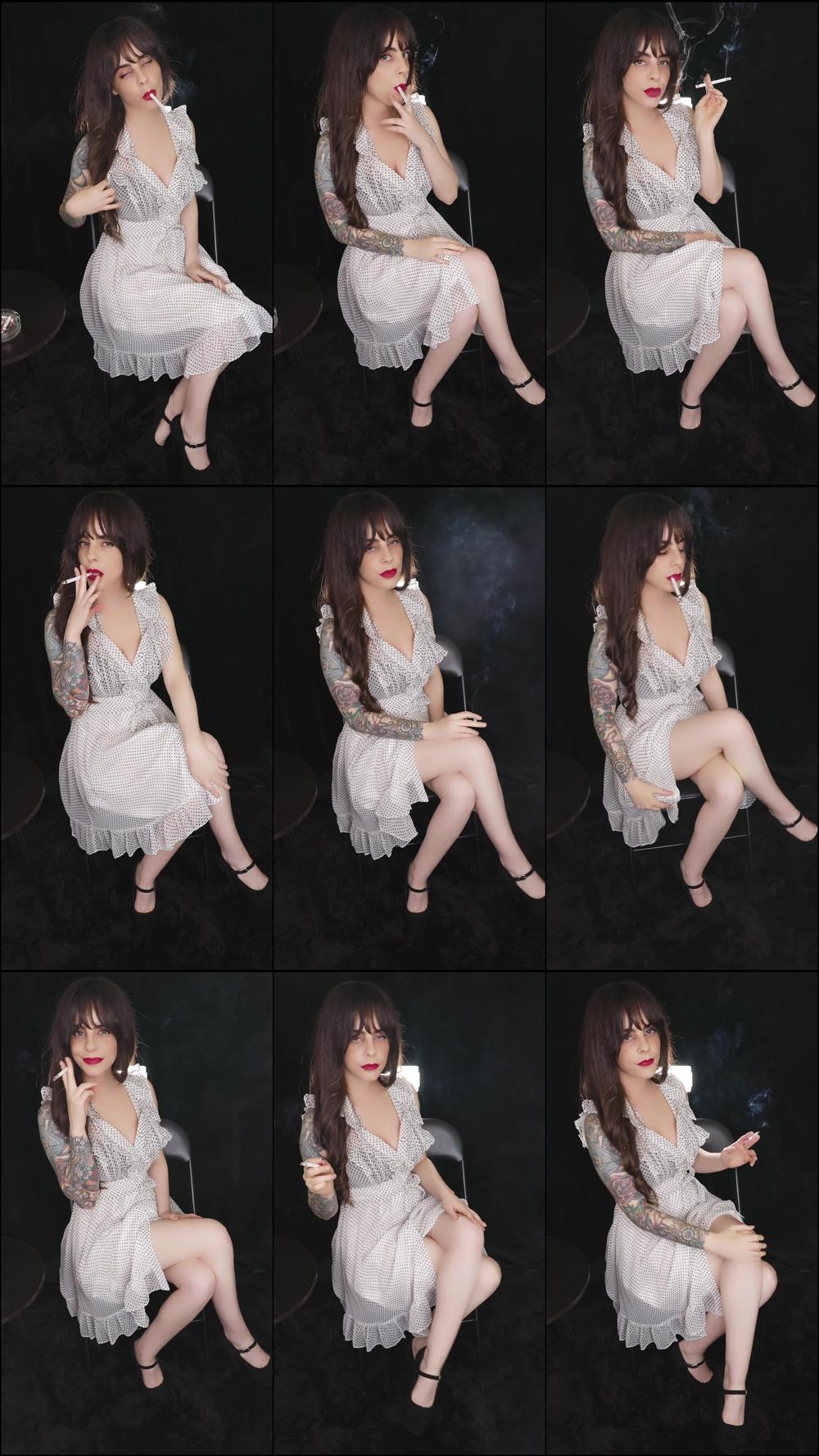 Smoking in White Polka Dot Dress