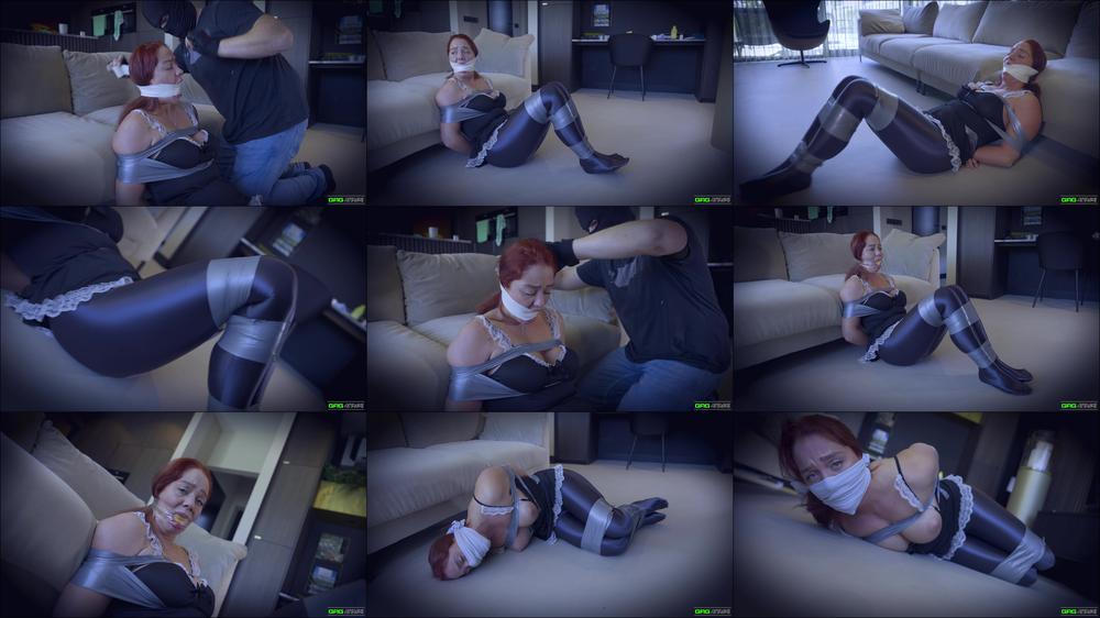 Gag Attack Bondage - Daisy - Maid Interrogated Alt 4K ( Microfoam Cleave Gag, Tape Bondage, Otn Gag, Clear Tape Wrap Gag, Sponge Stuffing, Glossy Legging )