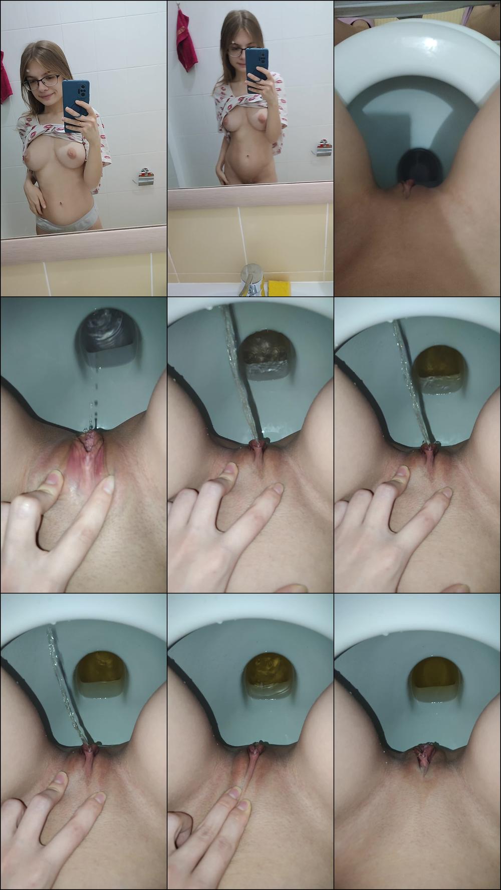 Girl in the bathroom. Morning pee POV