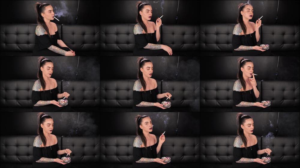 Smoking in Black Dress and Dark Lipstick