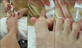jadezfeetplus 151682590 get a closeup of my toe nails being painted white. should i post the pink polish removal video comment below and i will. (jadezfeetplus)
