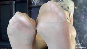 Mistress Legs - Beautiful Feet Of The Mistress In Flesh-Colored Tights Tease You On The Table Close-Up (Mp4 4K) (Mistress Legs)