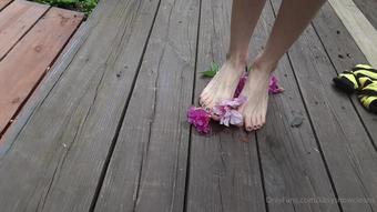 kasysnowpremium 13 07 2021 2162375198 Trampling pretty flowers with bare feet after taking my striped thigh highs off. (kasysnowpremium)