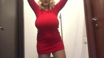 Lady in red plays with her huge boobs - September 21, 2018 (HugeBoobsErin)
